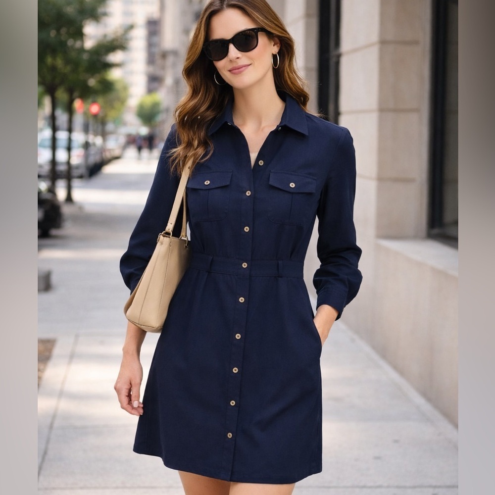 Anthropologie TROVATA Wool Blend Navy Pocket Long Sleeve Luxury Collared Dress
